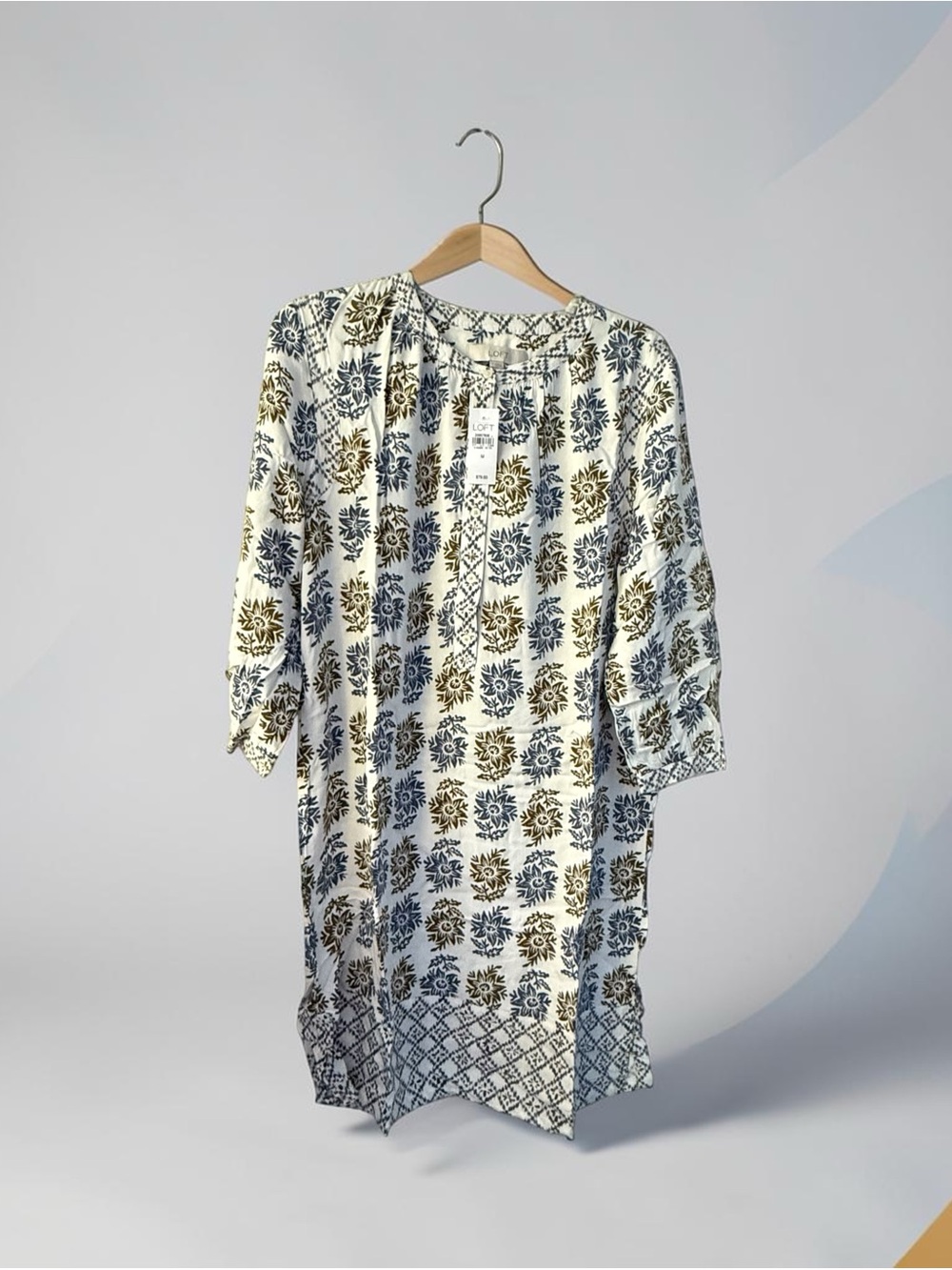 LOFT Blue Olive Floral Print Tunic Blouse Top Size M – MSRP $79.50